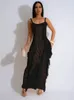 JRRY Sexy Women Knitted Dress Sleeveless Spaghetti Strap Tassles long Crochet Dresses Hollow Out Crocheted Beach Cover Ups 240412