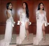 2019 Sexy Long Prom -jurken High Side Split Split Long Sleeve Juwelier Open achterste feestjurken met Court Train Custom Made New Desi1453766
