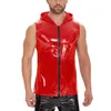 Les débardeurs masculins plus les hommes de taille brillante pu cuir de pute mâle mâle complet glossy pvc à capuche sans manches