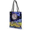 ドローストリングブラックブルーの漫画のキャラクタースパンコール女性レザー財布とハンドバッグショッピングバッグカジュアルトートデイリーショルダー