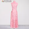 Lässige Kleider Edglulu hochwertiger Mode Turndown Kragen Single Row Schnalle Pink Long Dreses für Frau Hollow Sticked Spitzenkleid