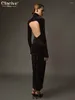 Casual jurken Clacive Sexy Slim Black Velvet Dress Bodycon Stand kraag lange mouw enkellengte elegante holle feestvrouw