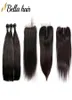 ペルーの処女人間の髪の毛と閉鎖は絹のようなストレート3バンドルレミーヘアエクステンションレースクロージャー4x4 bellahair9424751