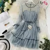 Casual Dresses Women Prom Star Shiny paljetter Gaze Flare Sleeve Lace-Up Princess Dress Female Elegant Chrismas Mesh Puff