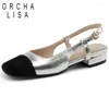 Sandaler Orcha Lisa Women Flats Round Toe Square Heel Buckle Elegant Mixed Color Faux Leather Big Size 31 32 33 40 41 42 43 Gold Silver