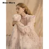 Wróżki słodki w stylu długim rękawem kwiatowe drukowanie sukienki midi 2024 Spring Women Elegancka okrągła drewno drewniana sukienka Princess 240402