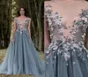 2019 Paolo Sebastian Lace Prom Dresses Sheer Plunging Neckline Appliqued Party Gowns Cheap Sweep Train Tulle Beads Evening Wear Fo7424888