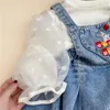 Roupas Conjuntos de roupas 2pcs crianças garotas definem desenho animado impressão a linha jeans vestido branco camisa de pulôver de ponto infantil as roupas de outono da primavera