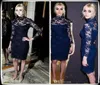 Prom Dresses 2019 New Navy Blue High Neck Long Sleeves Celebrity Cocktail Dresses Lace KneeLength Evening 0289514230