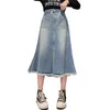 School Girls Denim Trail Skirt Four Season High High Weist Midi Skirt for Children Fashion Pocket Teenage Kids Jeans 13yy 24y 240329