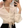 Blouses pour femmes Chemises à manches longues à manches longues à manches blanches solides French Sexy Lady Spring Summer Blusa Fashion Flower Lace-Up Tops 2024