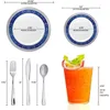 Disposable Dinnerware Elegant Plastic Set For 120 Guests-Fancy White With Blue & Silver Royal Dinner Plates Dessert Salad