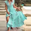 Bohemian French Sexy Vneck Dres Print Flying Sleeve Midi Dress Elegant Casual Short Holiday Beach Style Dresses 240409