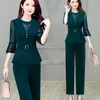 Tweedelige broekpak voor dames 2024 Zomer mode Solid Crop Tops 2 Set Lace Splicing Plus Size Women Blouse kantoorkleding