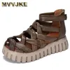 Sandales Summer Femmes Round Toe Chaussures de plate-forme talon Chunky Genunine Leather High Gladiator fait à la main