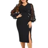 Casual Dresses Plus Size Lady Dress Button Decor Midi Elegant Mesh V Neck For Formal Events Sheath Slim Fit