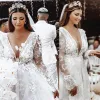 2024 Boho Country Wedding Dresses Bridal Gown Spets Applique Deep Plunging V Neck Långärmar Ruched veck Golvlängd Anpassad plus storlek