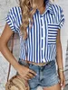 Women's Blouses 2024 Summer Top Casual Versatile V-Neck Short Sleeved Pocket Striped Printed Elegant Shirt Sexy Pullover
