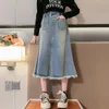 School Girls Denim Trail Skirt Four Season High High Weist Midi Skirt for Children Fashion Pocket Teenage Kids Jeans 13yy 24y 240329