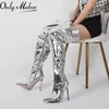 Buty OnlyMaker Women Silver Stiletto nad kolanem ręcznie robionym dużym rozmiarem kobiet wysoko