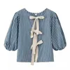 Women's T Shirts 2024 Spring Striped Lace-Up Blue Polyester Casual V-Neck Lantern Sleeves Three Quarter Shoulders For Women Pending