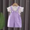 Zestawy odzieży Baby Girl Summer Ubrania 2024 Koreańskie mody Pullower Pullover krótkie rękawy i kombinezon dla dziewcząt zestaw butikowy zestaw