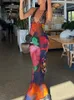 Julissa Mo Elegancki krawat bar barwnik w kwiatowy szyfon sukienka Summer Sexy Women Backless Lace Bodycon Przejdź przez imprezę plażową Vestidos 240411