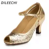 댄스 슈즈 Dileechi Gold Glitter Paillette 여자 라틴 살사 파티 웨딩 스퀘어 6cm 힐