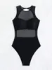 Sexy See Through Swimsuit 2023 Women Solid Black Mesh Transparent Hollow Out Backless Bathing Suit Swimwear Beachwear 240411