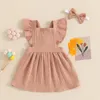 Flickaklänningar Focusnorm 0-3Y TODDLER Baby Girls Summer Casual Dress Ruffles Flying Sleeve Square Neck Solid A-line med pannband