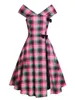 Casual Dresses 50s Fashion Cap Sleeve Plaid Bowknot Överlapp är ärmlös en linjeknälängd klänning