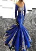 Robes de bal sirène à paillettes élégantes sexy épaule appliques dorées robes de soirée à manches longues fabuleuses Blue Royal 2018 Prom4340069