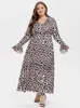 Lässige Kleider sexy Leoparden gedrucktes langes Kleid für Frauen modische Flocken -Floune -Ärmel -Hülle Party hoher Taille Urlaub