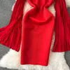Casual Dresses Vintage Red Banquet Dress Women's Sexy One Shoulder Slash Neck Slimming Short Fashion Ladies Long Sleeve Paty
