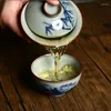 Teaware set Jingdezhen Blue and White Porslin Three Talents täcker skålen ren handmålad keramisk te-uppsättning