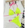 Women's Swimwear Solid Color 2-Piece Swimsuit 2024 Fluorescent Yellow Bikini Set Sexy Low Waist Thong Bathing Suit Suspender Halter
