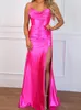 Vestidos de fiesta Prom Long Satin, con una sirena alta en hendidura alta, vestidos de noche sin césped, vestidos de cóctel de espagueti