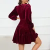 Casual Dresses Elegant Evening Velvet Short Dress Loose Fit V Neck Long Sleeve High Waist Tiered Sexy Night Party Cocktail Mini