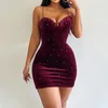 Casual Dresses OMSJ 2024 Wine Red Mid-Night Party Club Pearl Dress for Women Camisole Hollow Ruched Tight Cocktail Ladies Birthday Mini