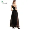 Partykleider Maxi Elegant Tullesequin schwarzer Kleid Abschlussball Einschulter langlange Abend Frauen
