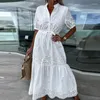 Casual Dresses 2024 Summer Lace Brodery Stitch Pleated Womem Stand Collar Button-Up Party Dress Hollow Formal Female Vestidos