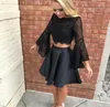 Long Sleeves Two Piece Black Homecoming Dresses Bateau Neck Lace Satin Backless Trumpet Short Prom Dresses Cheap Party Dresses9074564