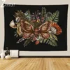 Tapestries Black Night Mystery Butterfly Print Tapestry Mushroom Leaf Forest Plant Floral Goblincore Series Witch