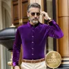 Elegant Gentleman Velvet Dress Shirts Mandarin Father Collar Social Velour Shirts For Mens Flannel Clothes Husband Senior Purple 240403