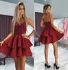 New Dark Red Homecoming Dresses with Spaghetti Straps Tiered Skirts Sequins Lace Appliqued Short Prom Formal Gown BC00026173894