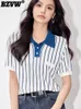 Koszulki damskie BZVW Kobiety Stripe Single Preppy w stylu Preppy T-shirt Lapel Contrasting Colour
