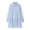 Casual Dresses 2024 Turn-Down Shirt Style Lose Womens Spring Summer Fashion Front Hollow Out Blue Straight Mini Dress