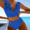 Women's Swimwear Ruffle Trim Bikini Set Women High-waisted Stylish Summer With Stitching Tops High Waist