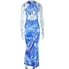 Robes décontractées 2024 Fashion d'été Élégante découpée en robe frouvante Femme sans manches Night Club Party Bleu