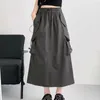 Skirts DAYIFUN-Lady Mid Length Work Dress Women's Clothing High Waist A-Line Pocket Panel Design Retro Grey Spring Summer 2024